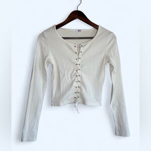 $5 ADD ON Ardene Lace Up Long Sleeve Shirt White Ribbed Knit Size Small Like New